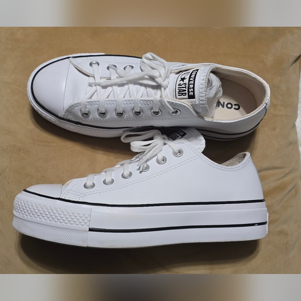 Converse White Low Top Platform Sneakers with Black Trim - Picture 10 of 12